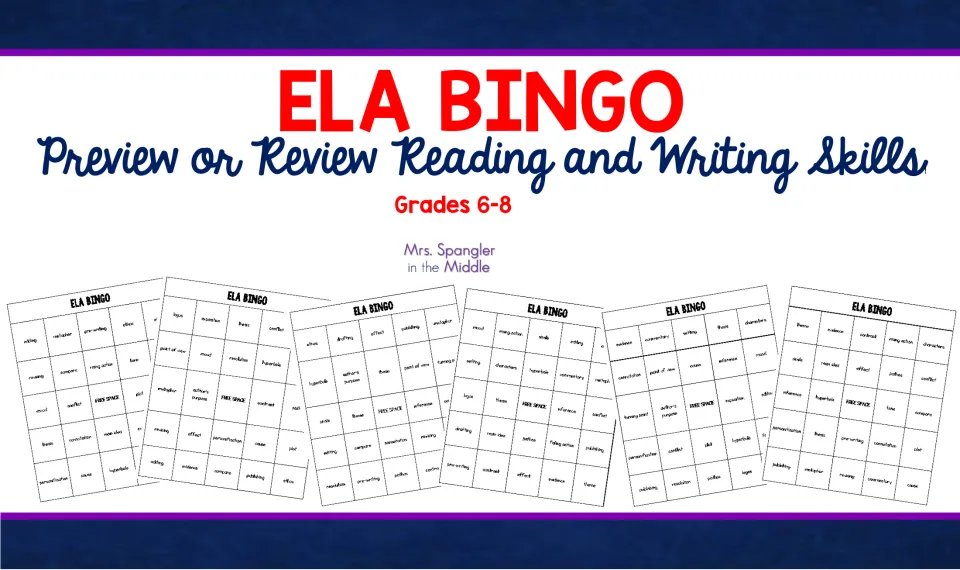 ELA Bingo cover for reading and writing skills, showing six sample bingo boards of literary and writing terms