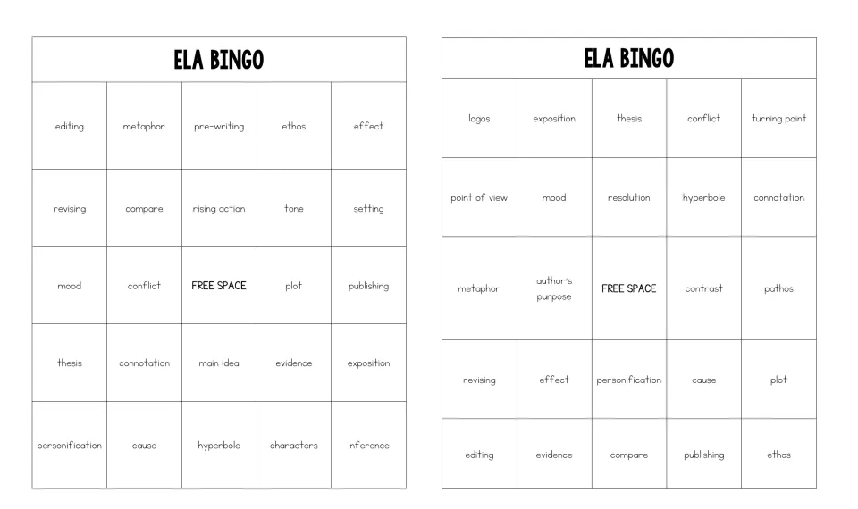 Two bingo boards with a free space: students mark terms such as editing, metaphor, thesis, logos and turning point