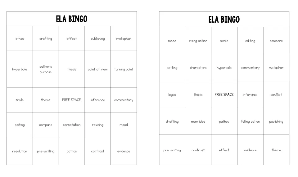 Two more bingo boards mixing writing-process steps like drafting and revising with simile, theme and inference