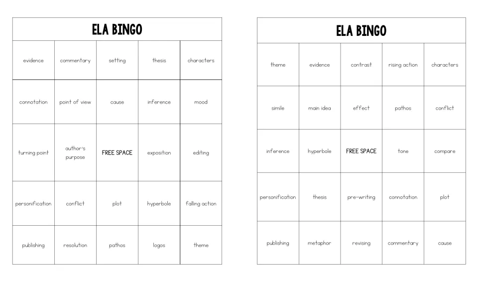 Bingo boards where students cover called terms like commentary, setting, characters, exposition and cause
