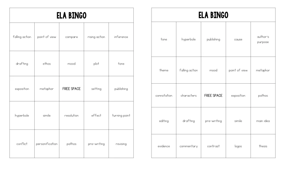Pair of bingo boards featuring falling action, point of view, ethos, resolution, main idea and logos for game play