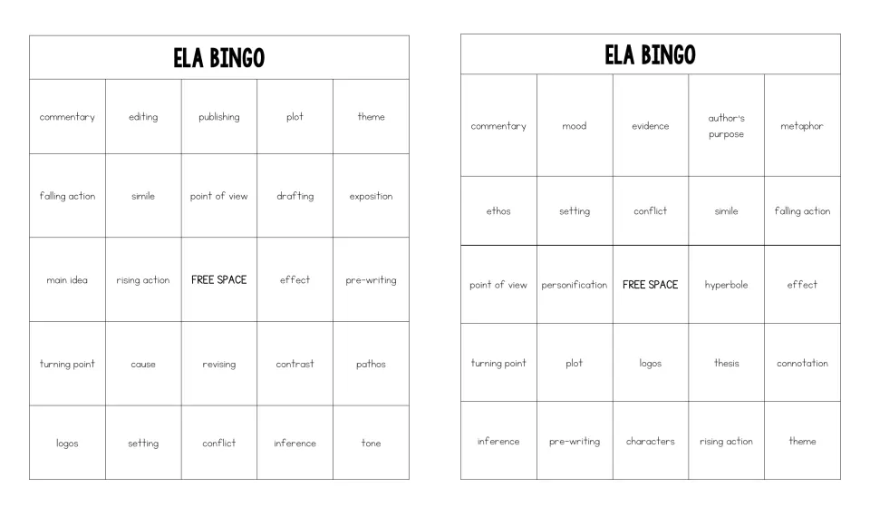 Two bingo boards where students match called definitions to terms such as plot, theme, pathos and personification