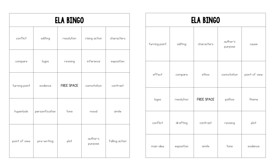 Two bingo boards listing conflict, resolution, hyperbole, mood, connotation and other terms students cover