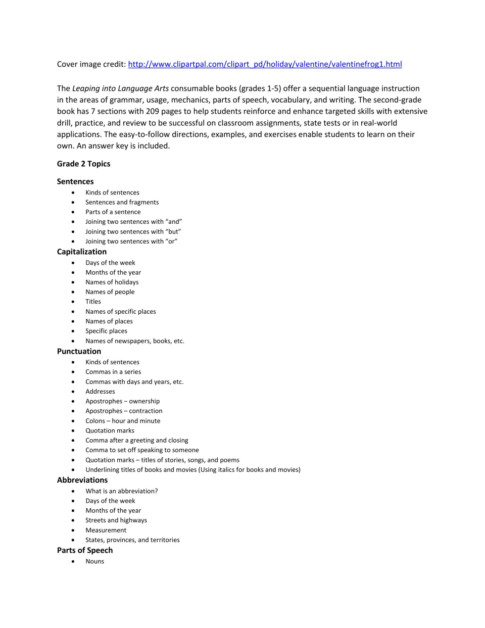 Book overview and Grade 2 topic list: sentences, capitalization, punctuation, abbreviations and nouns