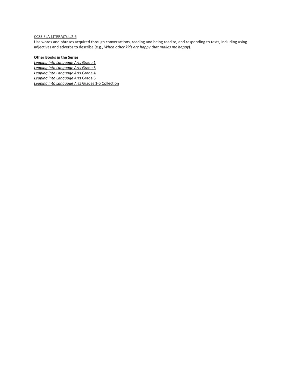 Common Core standard L.2.6 on using acquired words and phrases, plus a list of other grade-level books in the series