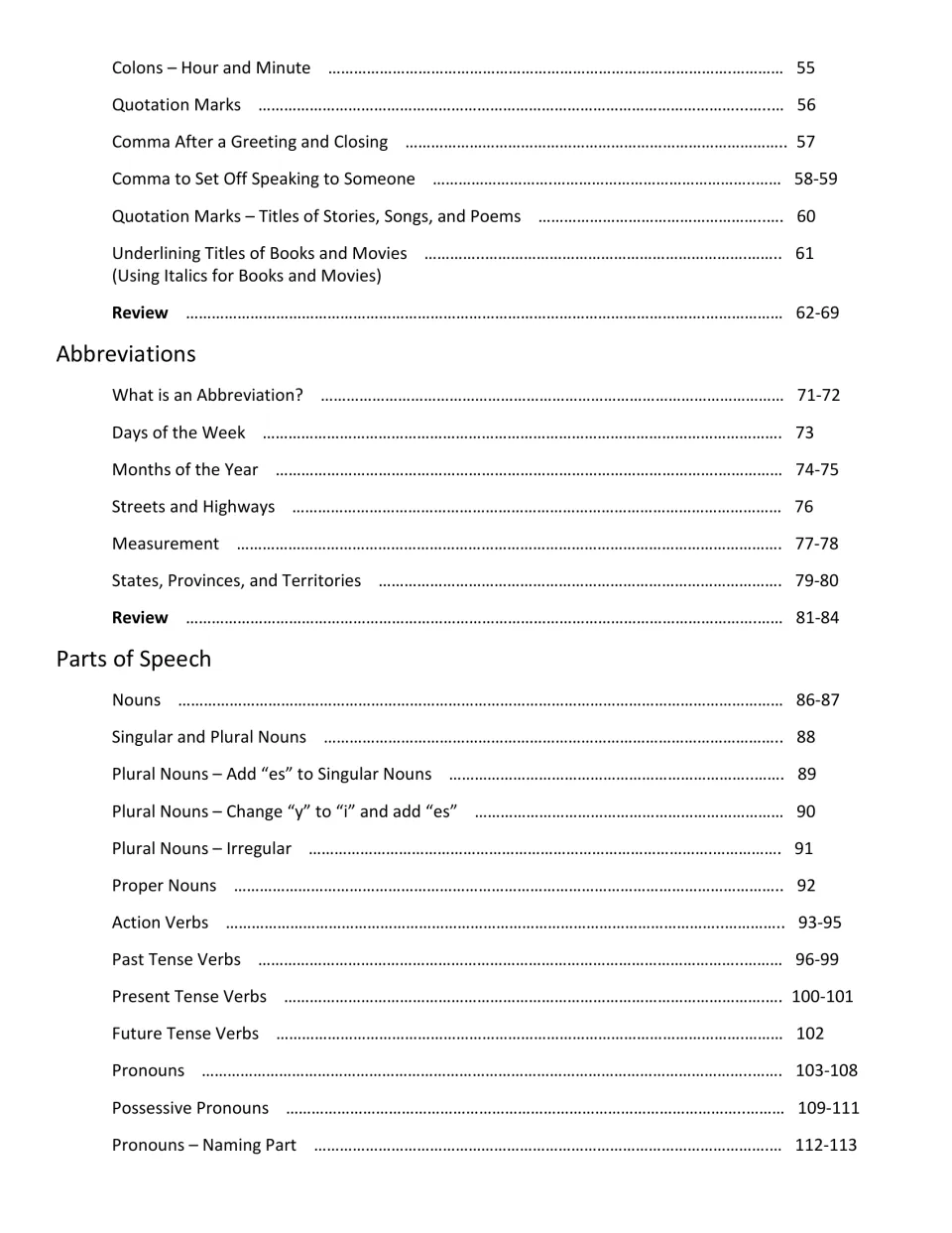 Contents continue: colons, quotation marks and commas, abbreviations, then nouns, verbs and pronouns with page numbers