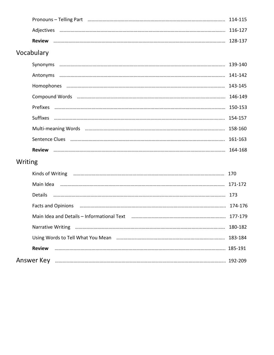 Contents page listing adjectives, vocabulary and writing lessons with page ranges, and the answer key on pages 192-209