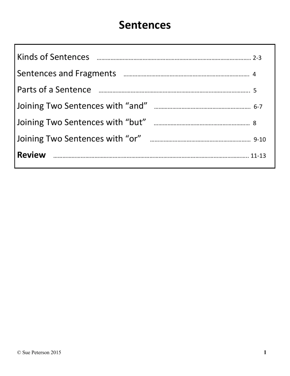 Sentences unit opener listing kinds of sentences, fragments, parts of a sentence, joining with and, but, or, and review