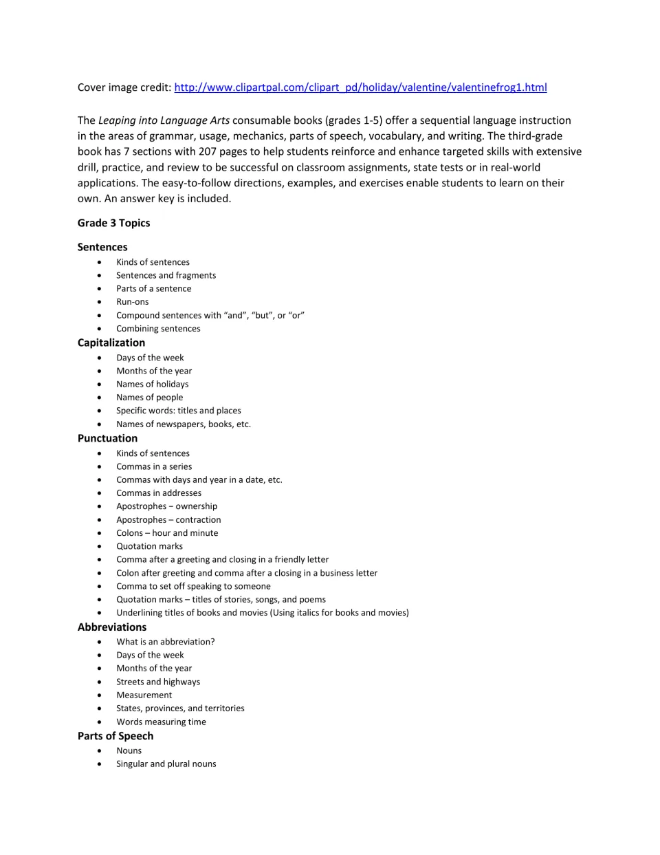 Workbook introduction and topic list covering sentences, capitalization, punctuation, and abbreviations