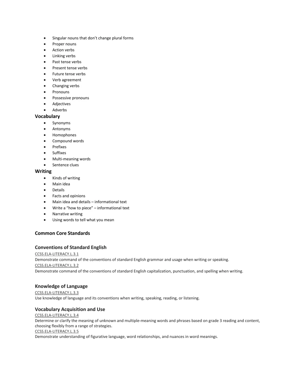 Workbook topic list continues with parts of speech, vocabulary, and writing, followed by Grade 3 standards