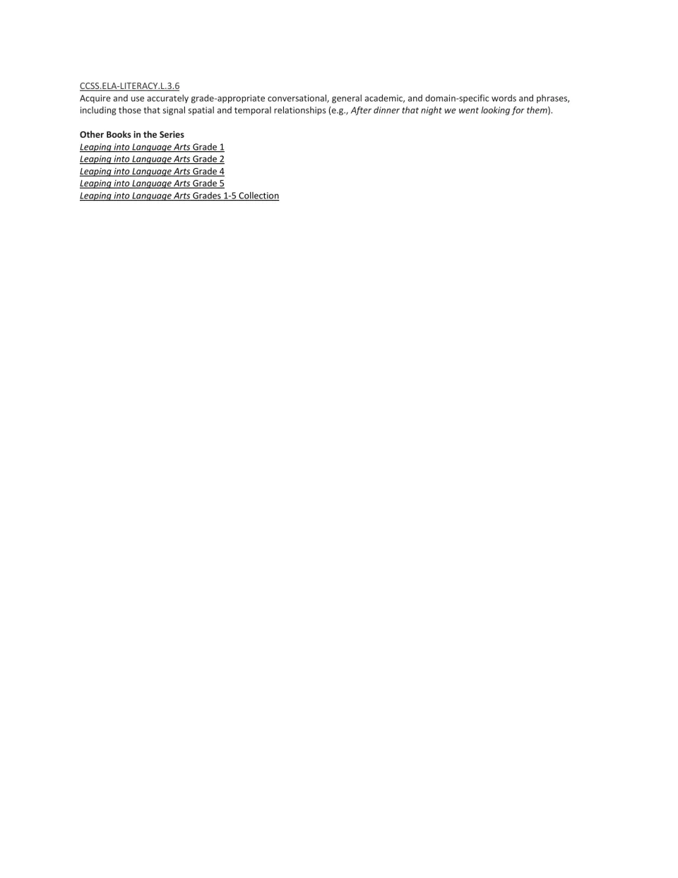 Workbook standards continuation lists L.3.6 for acquiring and using grade-appropriate words and phrases