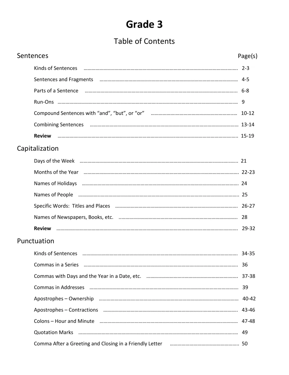 Grade 3 workbook contents list sentence lessons, capitalization topics, and the first punctuation lessons