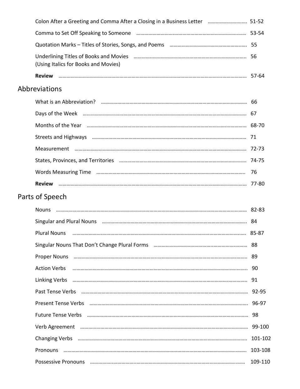 Workbook contents continue with punctuation, abbreviations, and parts of speech through possessive pronouns