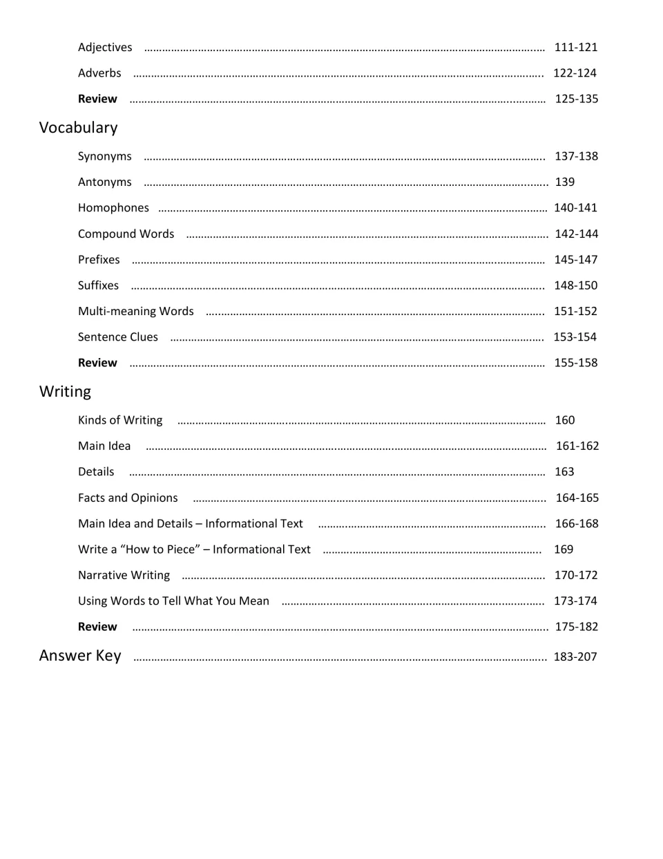 Workbook contents finish with adjectives, adverbs, vocabulary, writing, and the answer key on pages 183–207