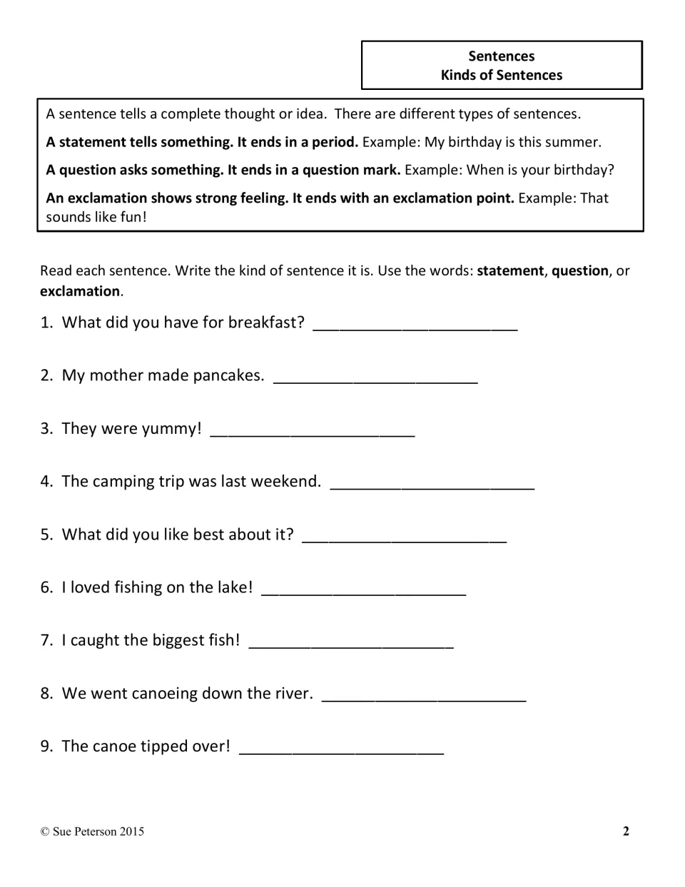 Sentence lesson defines statements, questions, and exclamations, then asks students to classify nine sentences