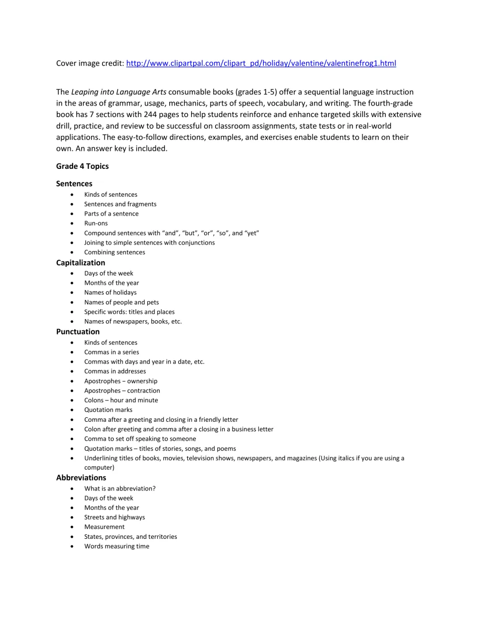 Book overview and Grade 4 topic list: sentences, capitalization, punctuation and abbreviations skills covered