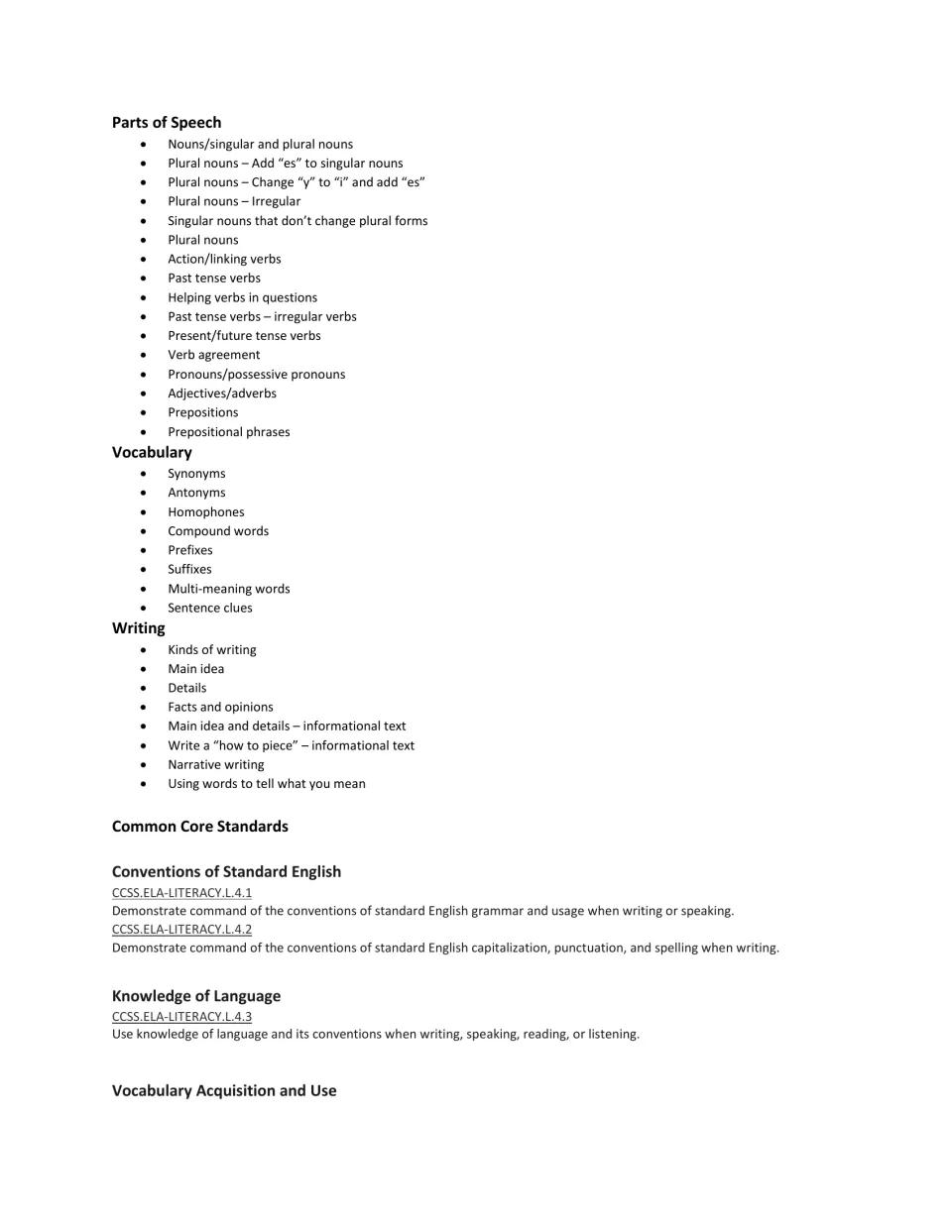 Topic list for parts of speech, vocabulary and writing, followed by Common Core language standards L.4.1 to L.4.3
