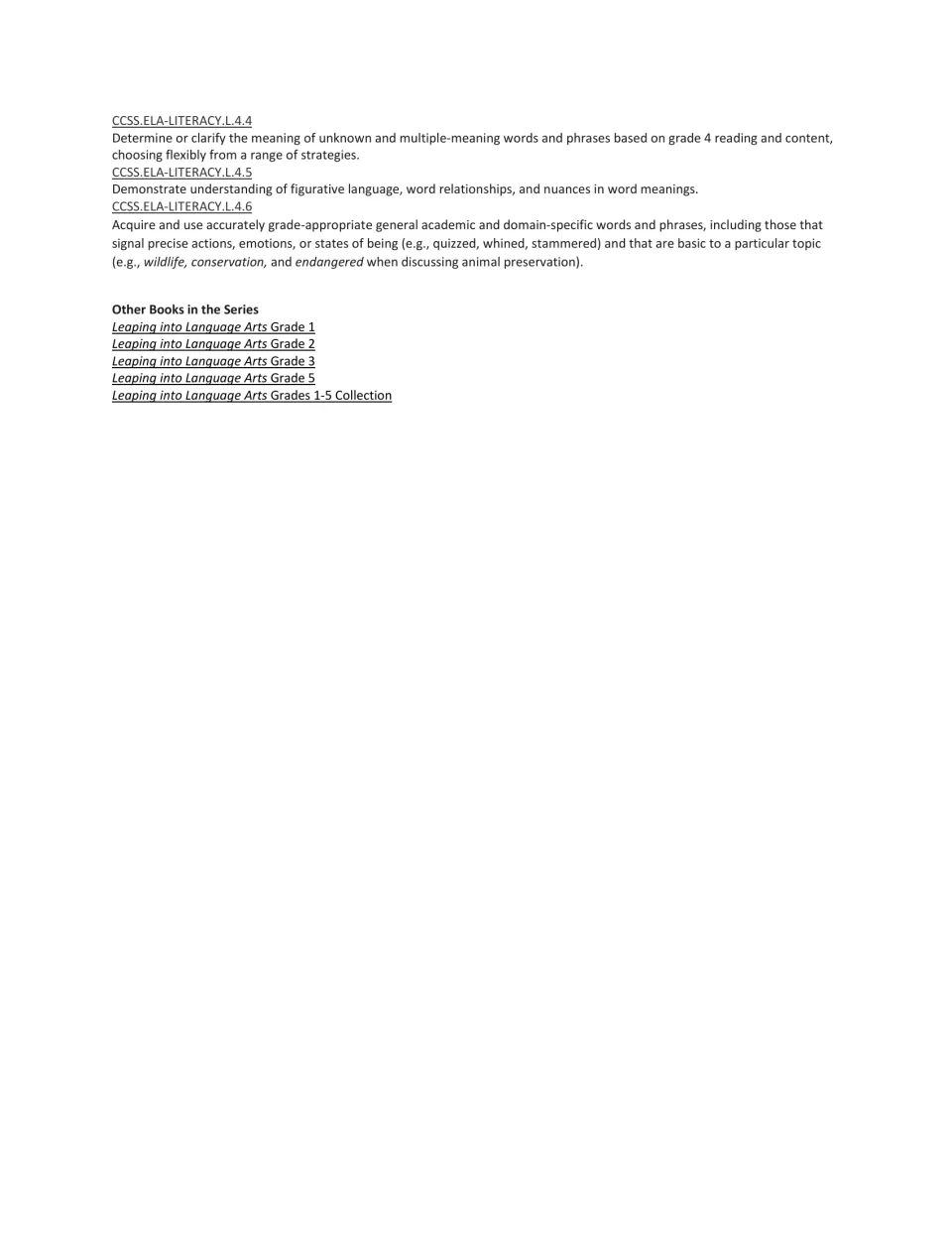 Vocabulary acquisition standards L.4.4 to L.4.6 written out, plus a list of the Grade 1, 2, 3, 5 and 1-5 series books