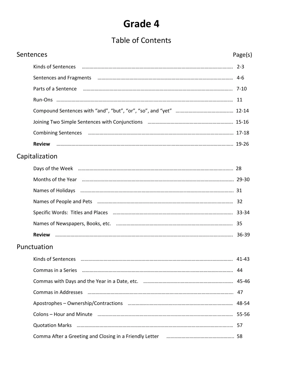 Grade 4 table of contents, part 1: page numbers for Sentences, Capitalization and the first Punctuation lessons
