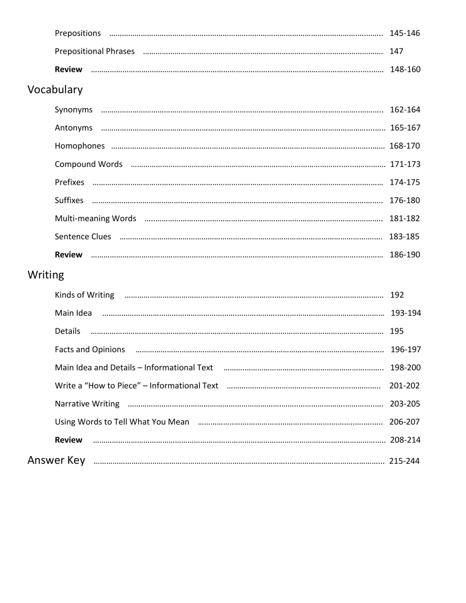 Table of contents end: prepositions, Vocabulary and Writing lessons with reviews, and the answer key on pages 215-244