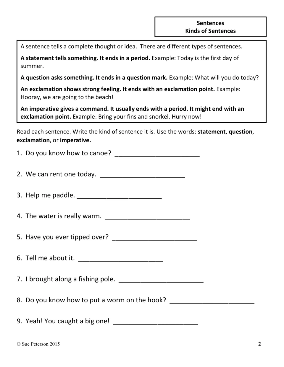 Kinds of sentences: students label 9 canoe and fishing sentences as statement, question, exclamation or imperative
