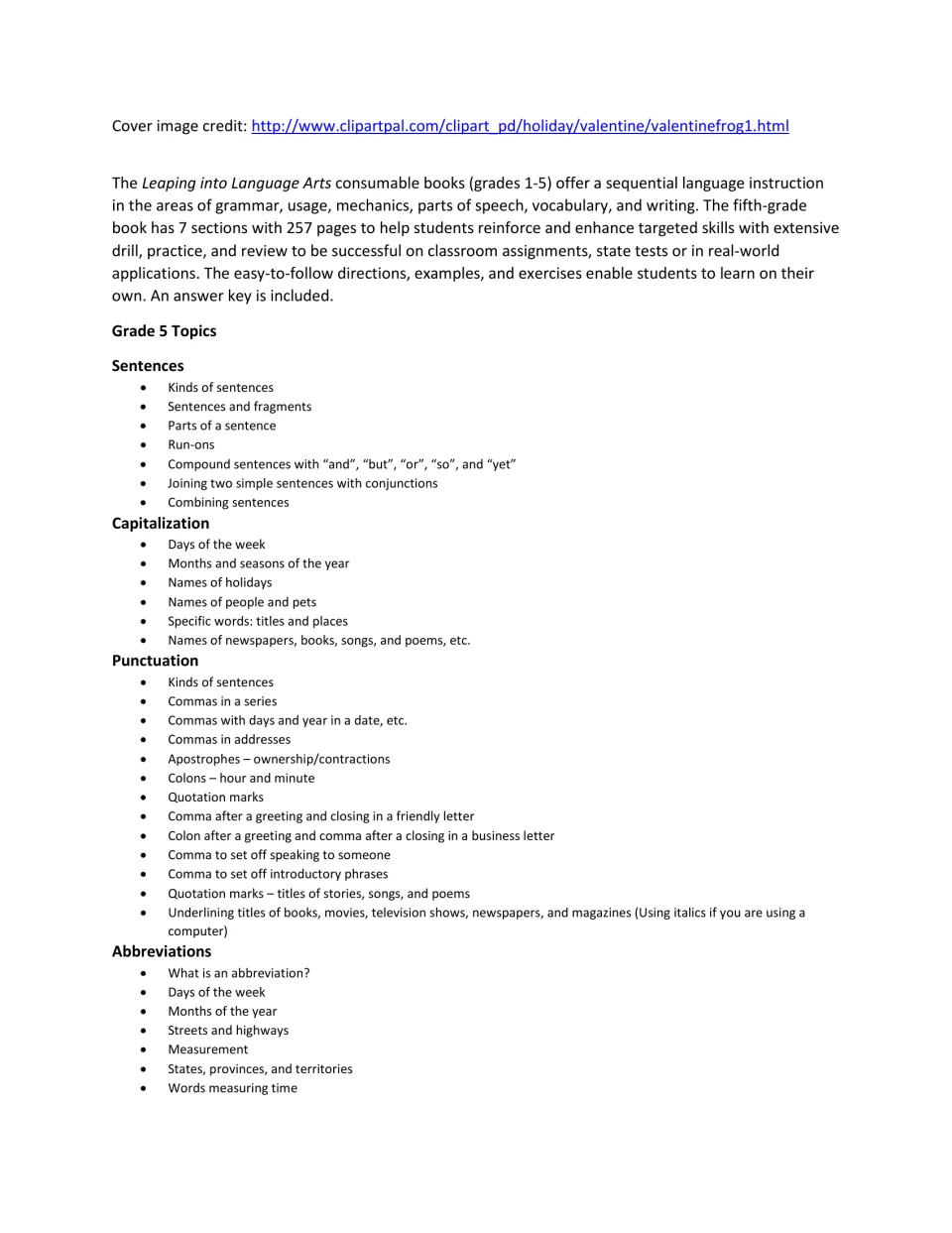 Book overview and topic list covering sentences, capitalization, punctuation and abbreviations, with a cover image credit