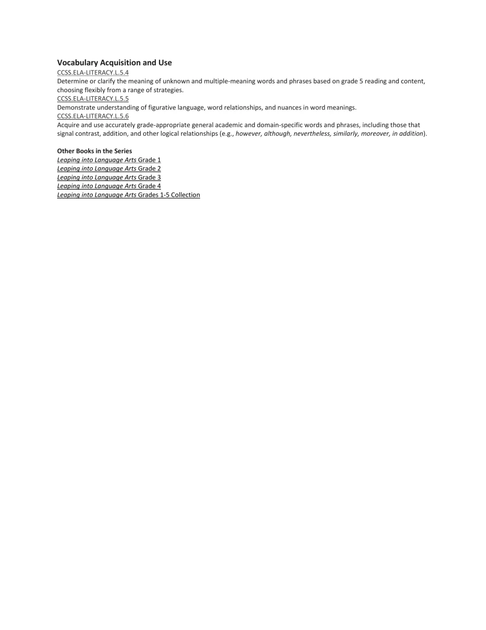 Vocabulary Acquisition and Use standards L.5.4 to L.5.6, plus a list of other books in the series for grades 1 to 4