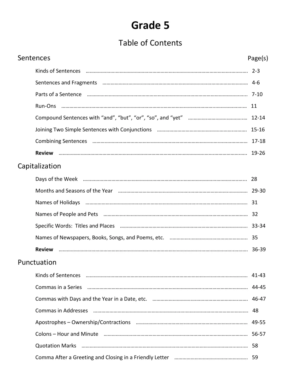 Table of contents, part 1: page ranges for sentence, capitalization and punctuation lessons and their reviews