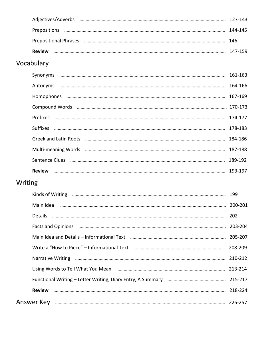 Table of contents, part 3: adjectives to prepositions, vocabulary skills, writing lessons, and answer key pages 225-257