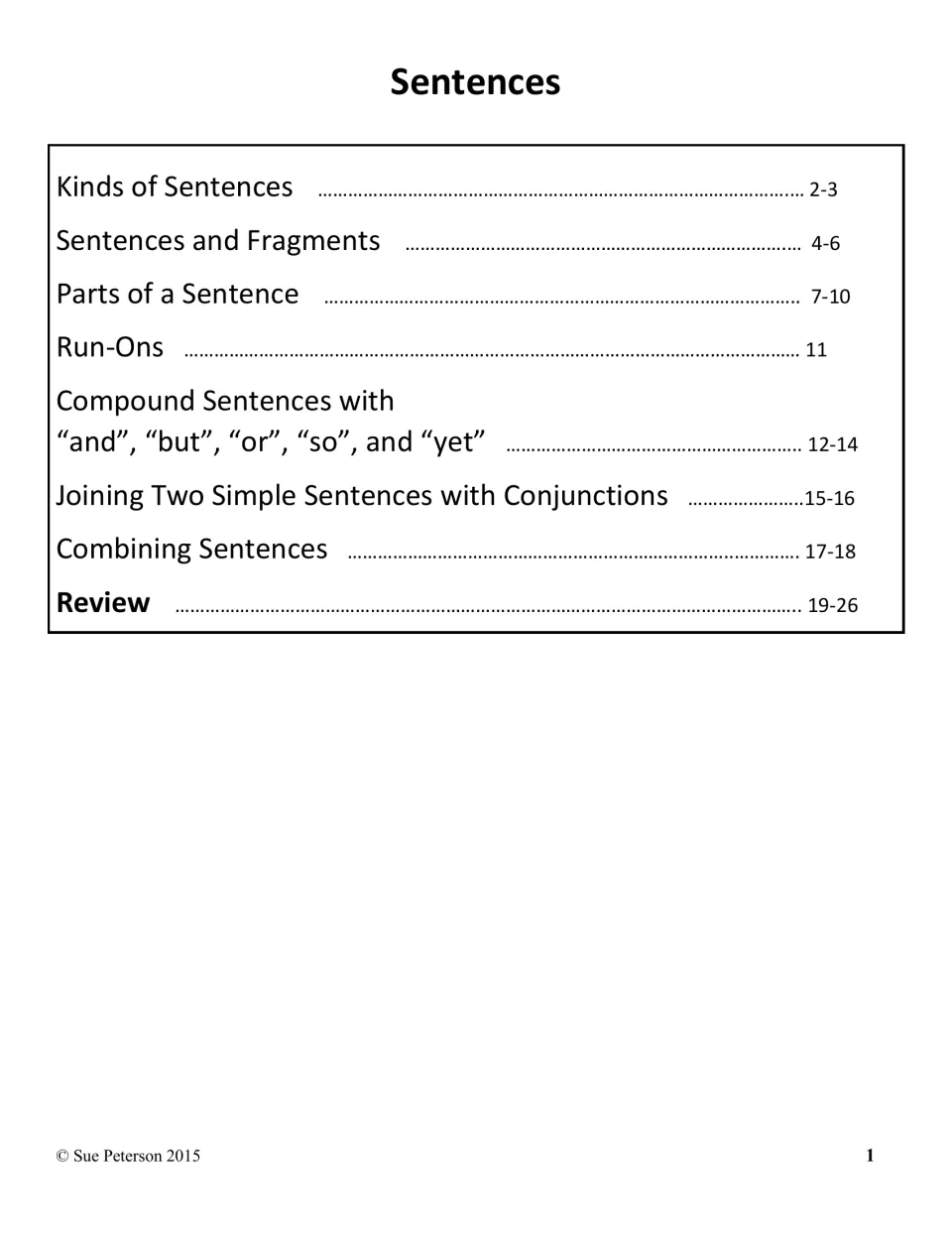 Sentences section opener listing lessons: kinds of sentences, fragments, run-ons, compound and combined sentences, review