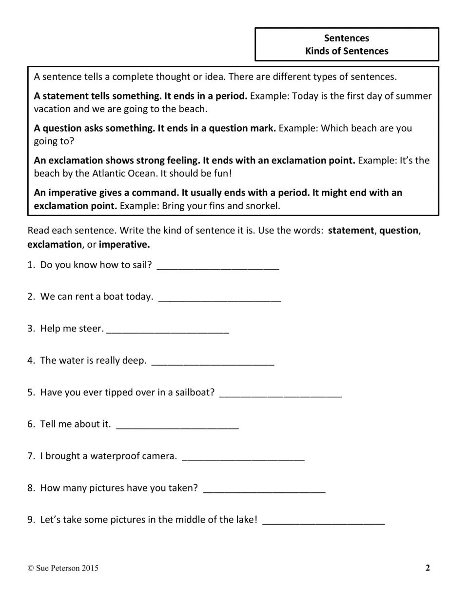 Kinds of sentences: rules for statements, questions, exclamations and imperatives, then students label 9 sailing sentences