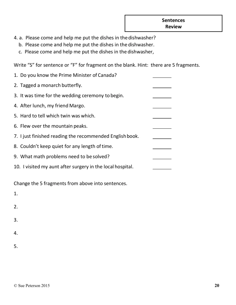 Sentences review: students mark 10 items S or F to find 5 fragments, then rewrite those fragments as complete sentences