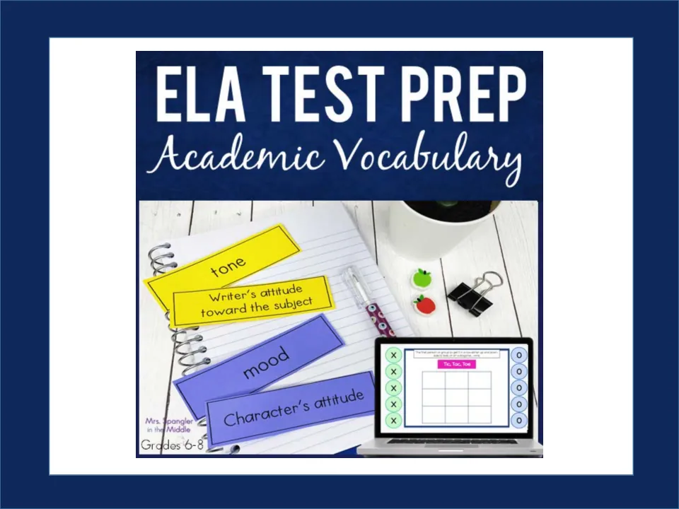 Cover of ELA Test Prep: Academic Vocabulary, showing tone and mood cards and a digital tic-tac-toe game