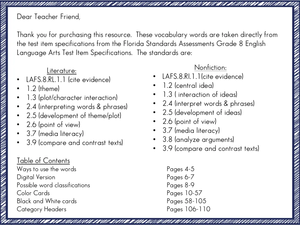Teacher introduction lists Grade 8 literature and nonfiction standards and a vocabulary resource contents guide