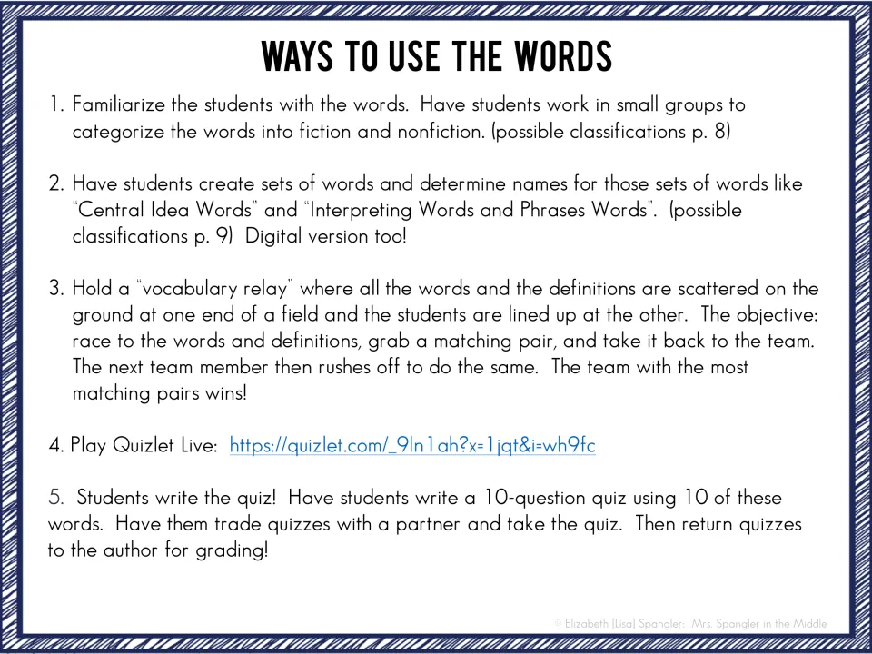Vocabulary activity directions cover word sorting, naming sets, a relay, Quizlet Live, and student-written quizzes