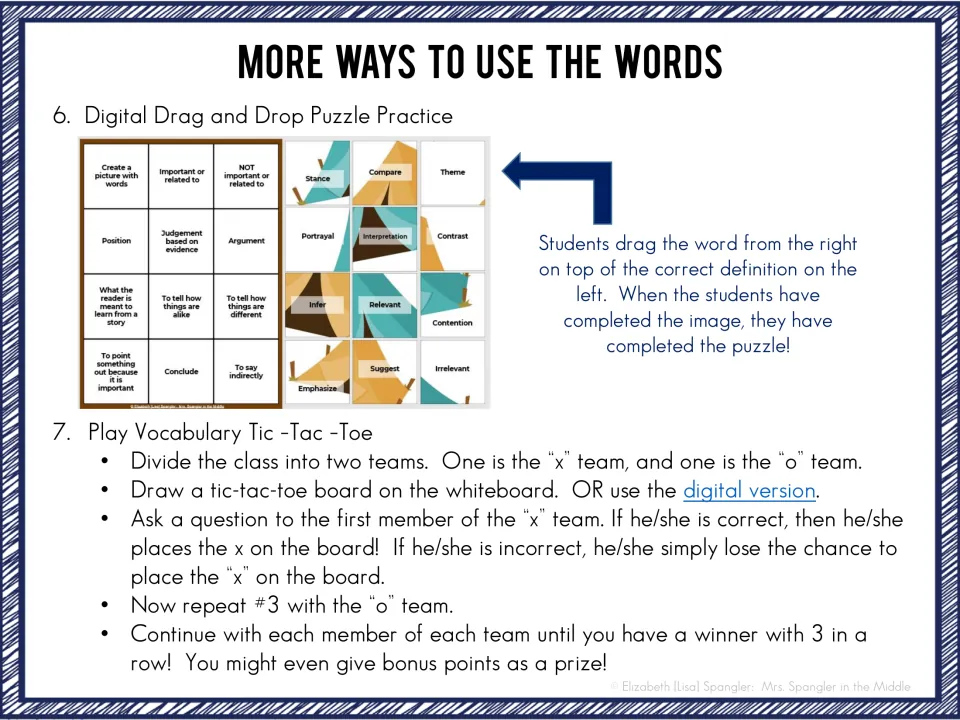 Vocabulary activity directions explain digital drag-and-drop definition puzzles and team tic-tac-toe