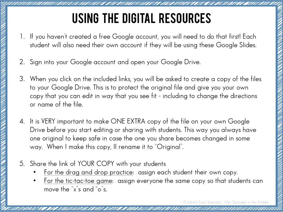 Digital vocabulary resource instructions explain Google accounts, copying files, backups, and student sharing