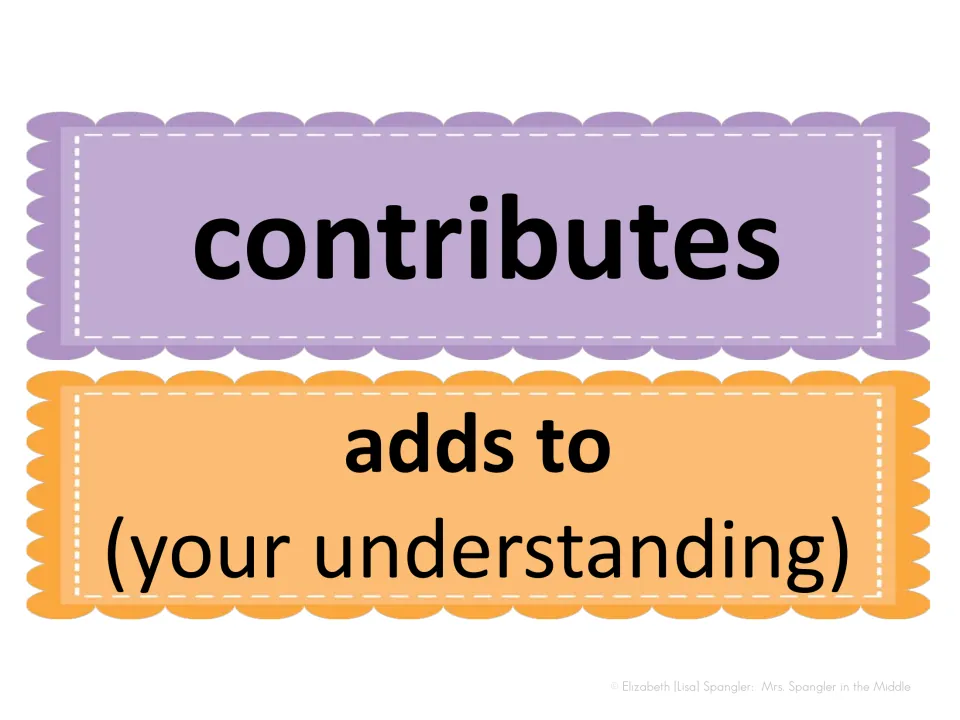 Color vocabulary card pair for matching practice: contributes and its definition, adds to (your understanding)