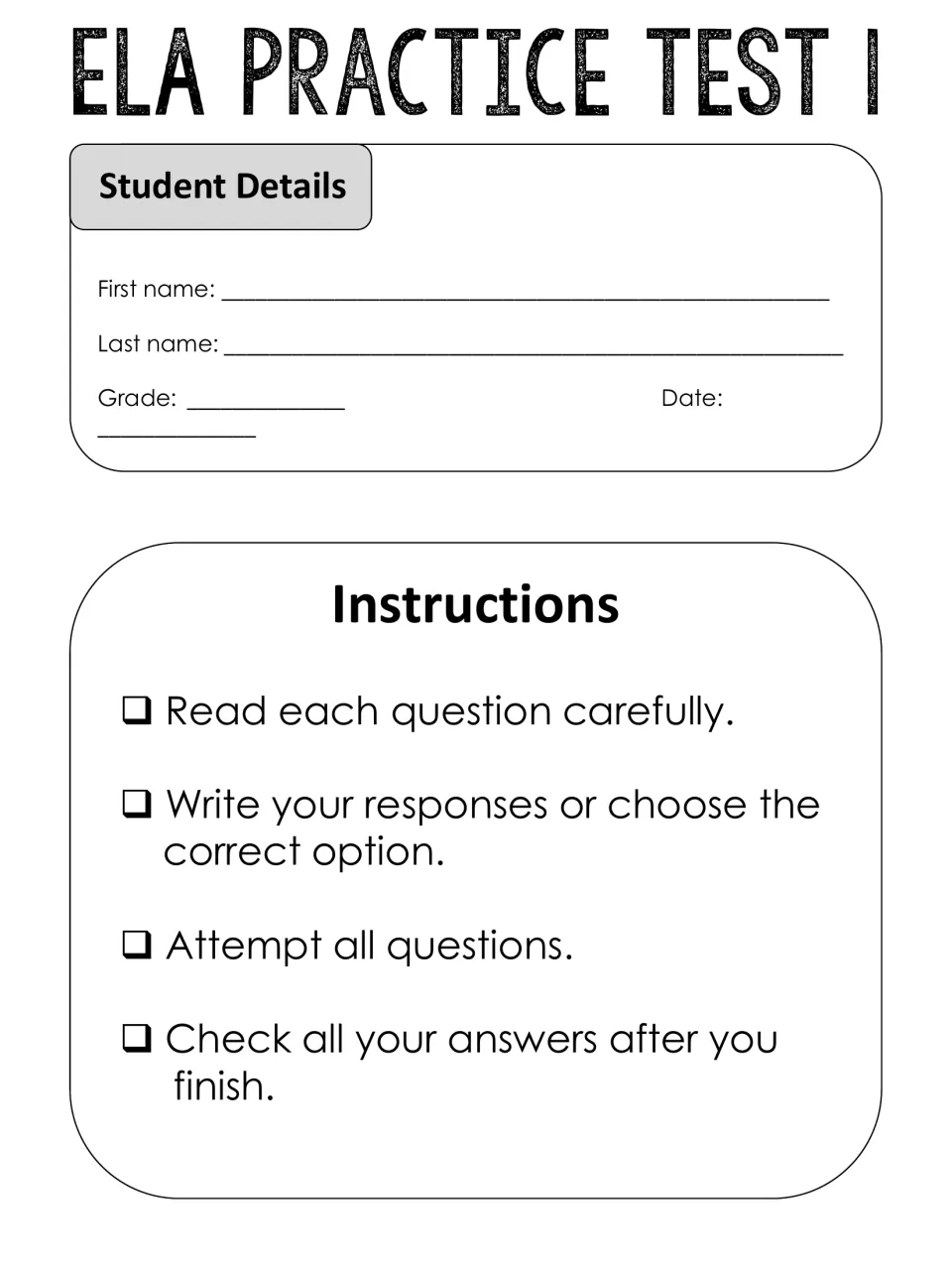 Alternate test cover: student fills in name, grade and date and reads four instructions such as attempt all questions
