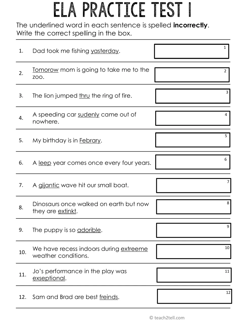 Spelling correction, questions 1-12: students rewrite each underlined misspelled word, such as yasterday and Febrary