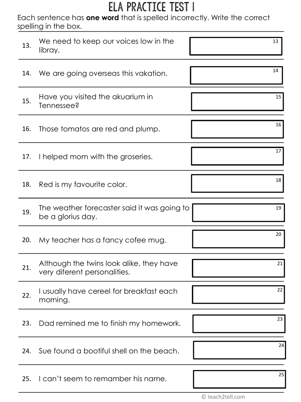 Spelling questions 13-25: students find the one misspelled word in each sentence, like libray or groseries, and fix it