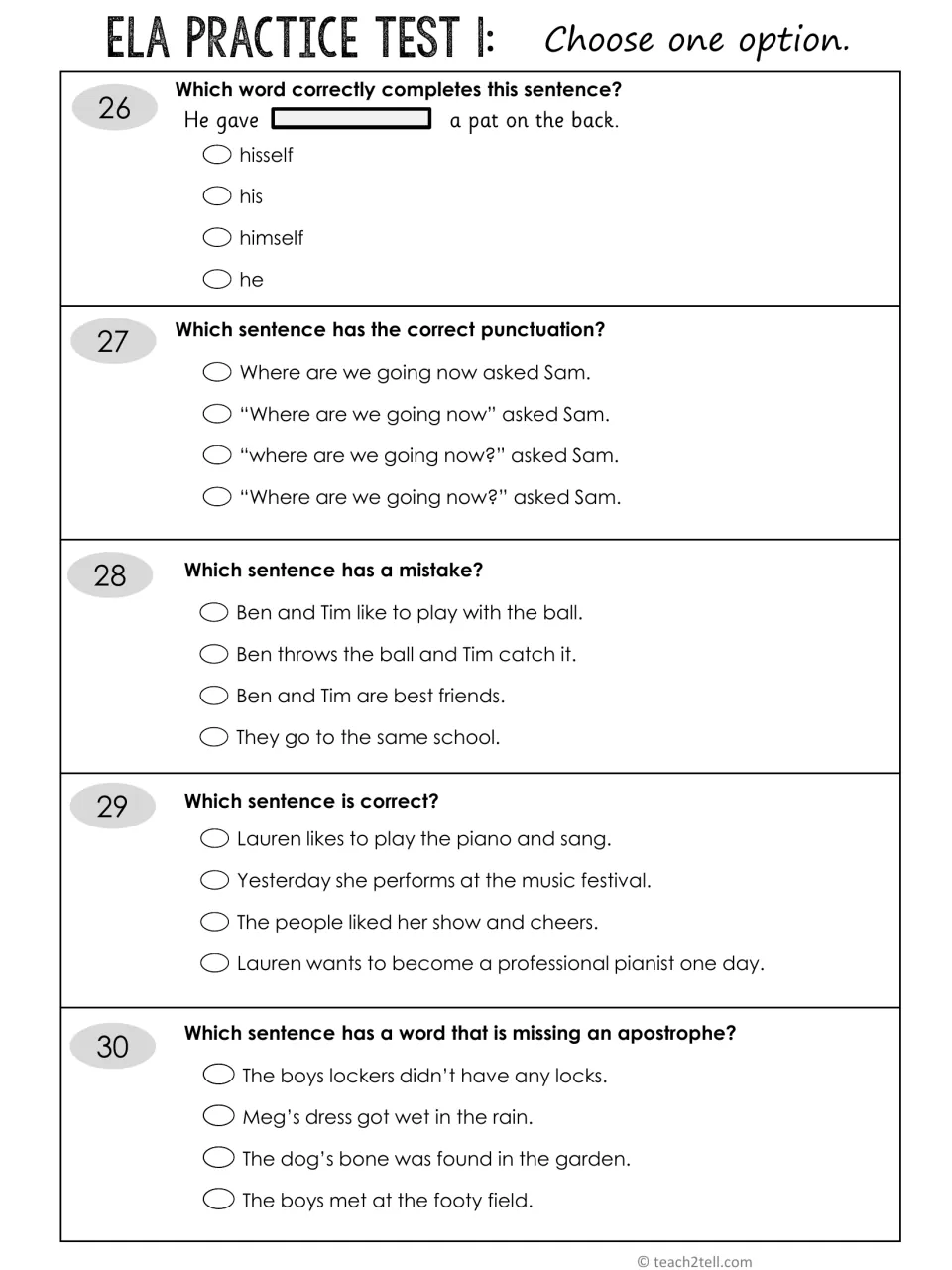 Multiple choice 26-30: reflexive pronouns, quotation punctuation, subject-verb agreement, verb tense and apostrophes