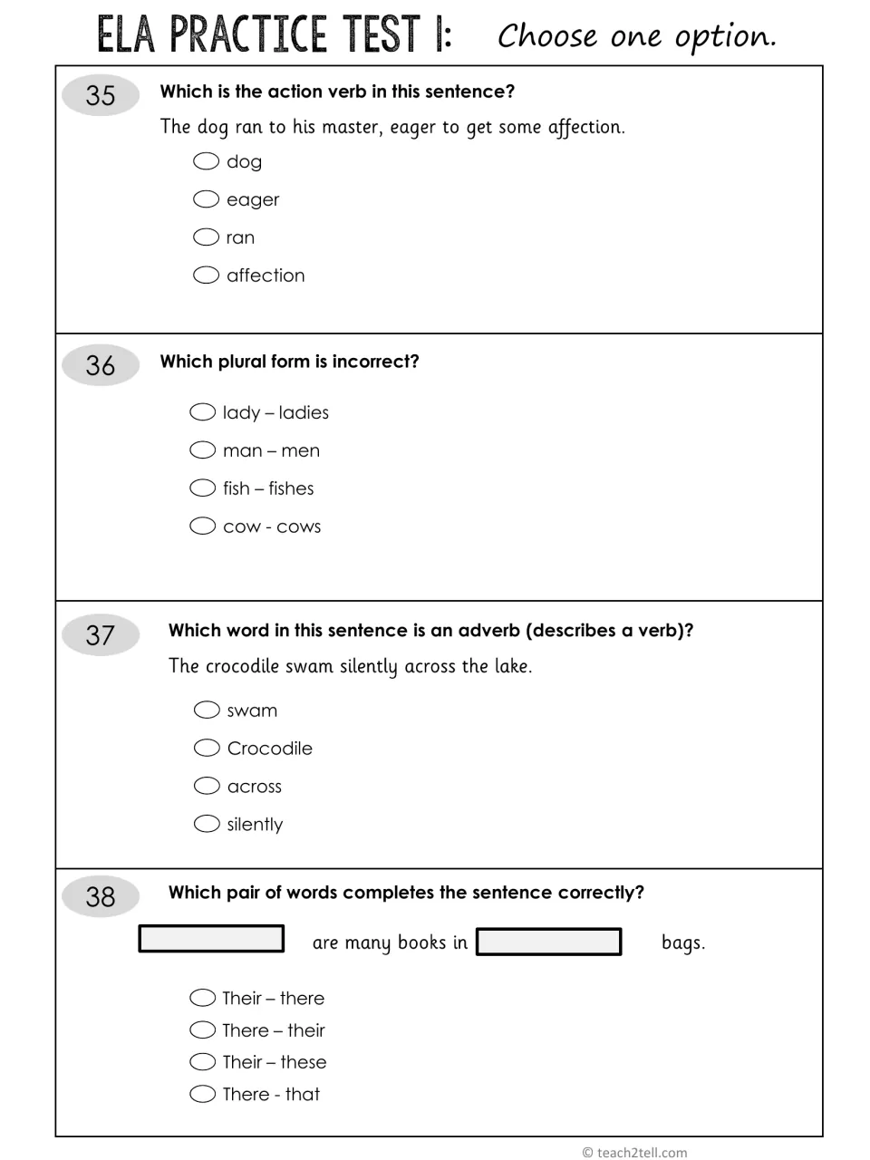 Multiple choice 35-38: picking the action verb, spotting an incorrect plural, finding the adverb and choosing there/their