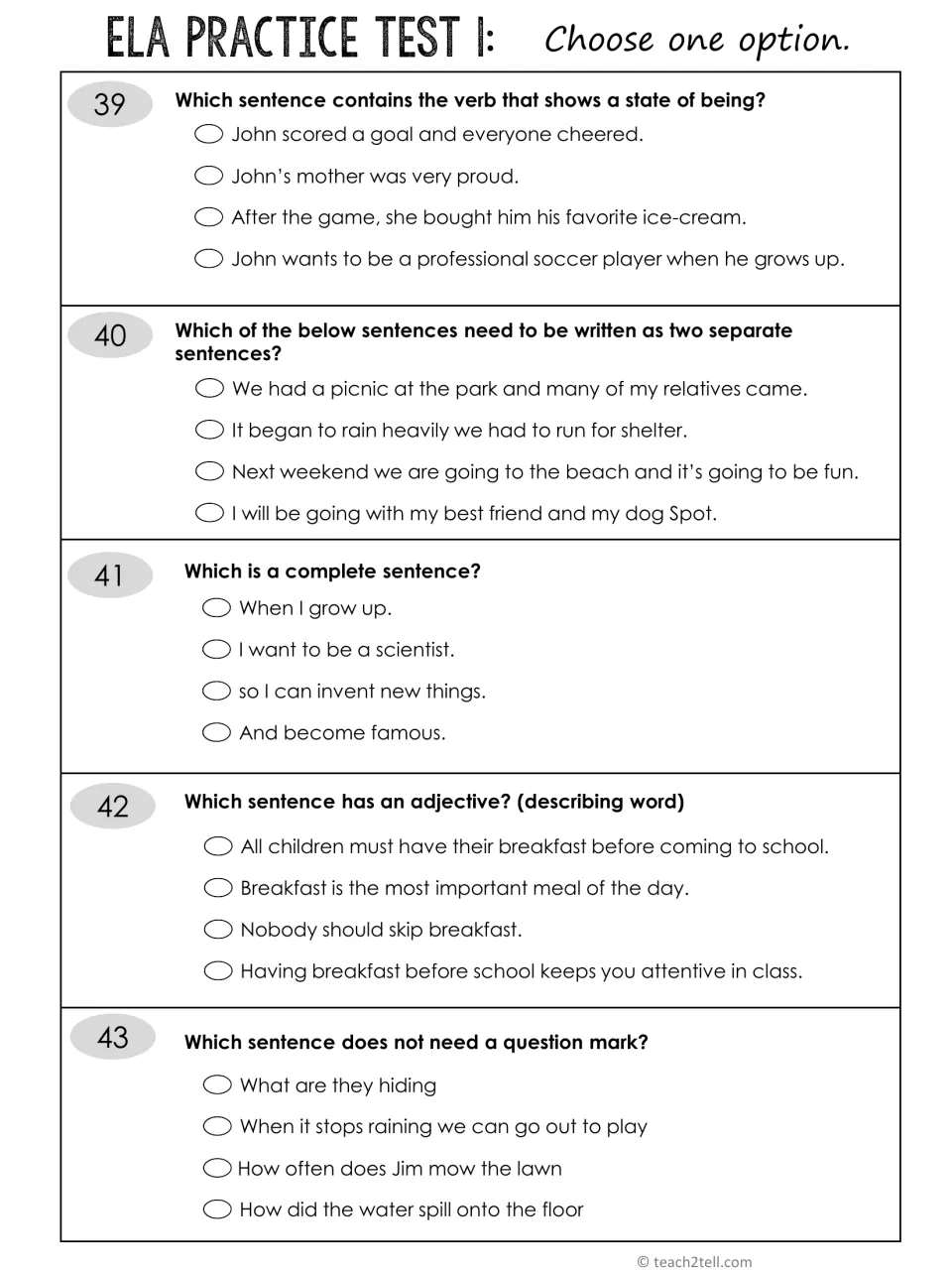 Multiple choice 39-43: state-of-being verbs, run-on sentences, complete sentences, adjectives and question marks