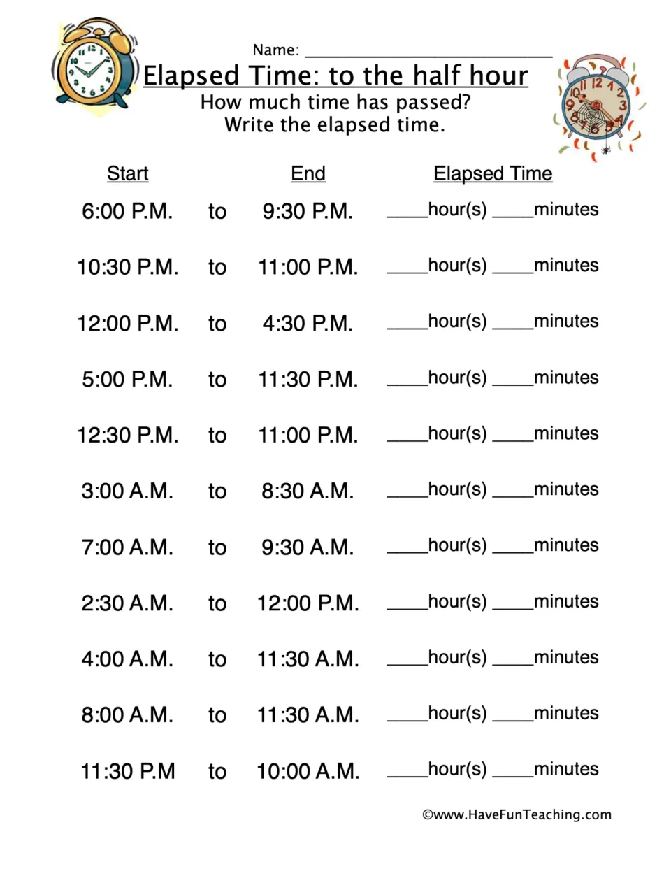 Elapsed time practice: 11 start and end time pairs, including 6:00 P.M. to 9:30 P.M., in half-hour increments