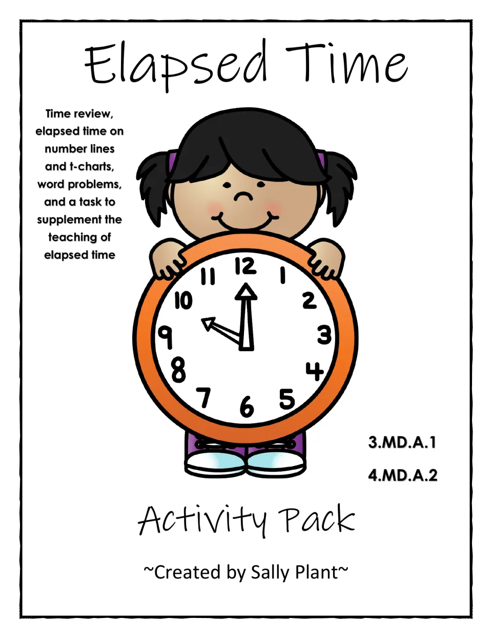 Activity packet cover introducing time review, elapsed time on number lines and T-charts, and word problems