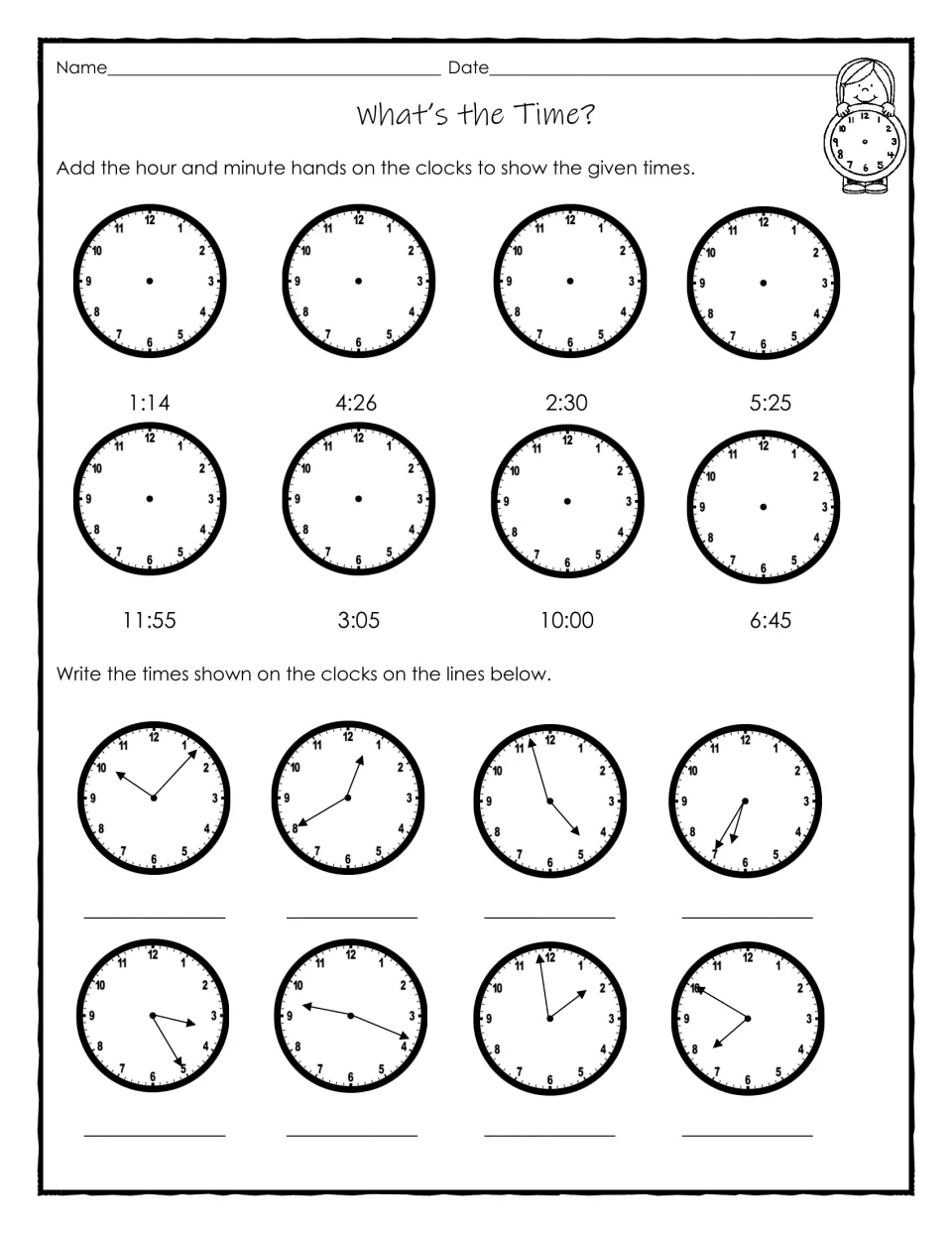 Time review practice: draw hands for eight times, including 1:14 and 4:26, then read eight analog clocks