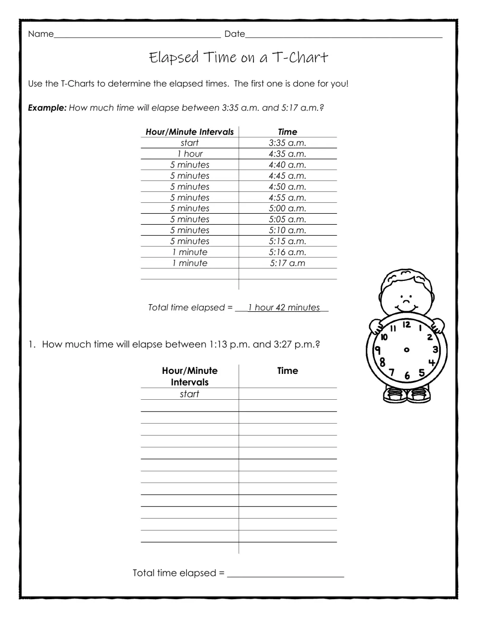 T-chart elapsed-time practice models 3:35 a.m. to 5:17 a.m., then asks students to solve 1:13 p.m. to 3:27 p.m.