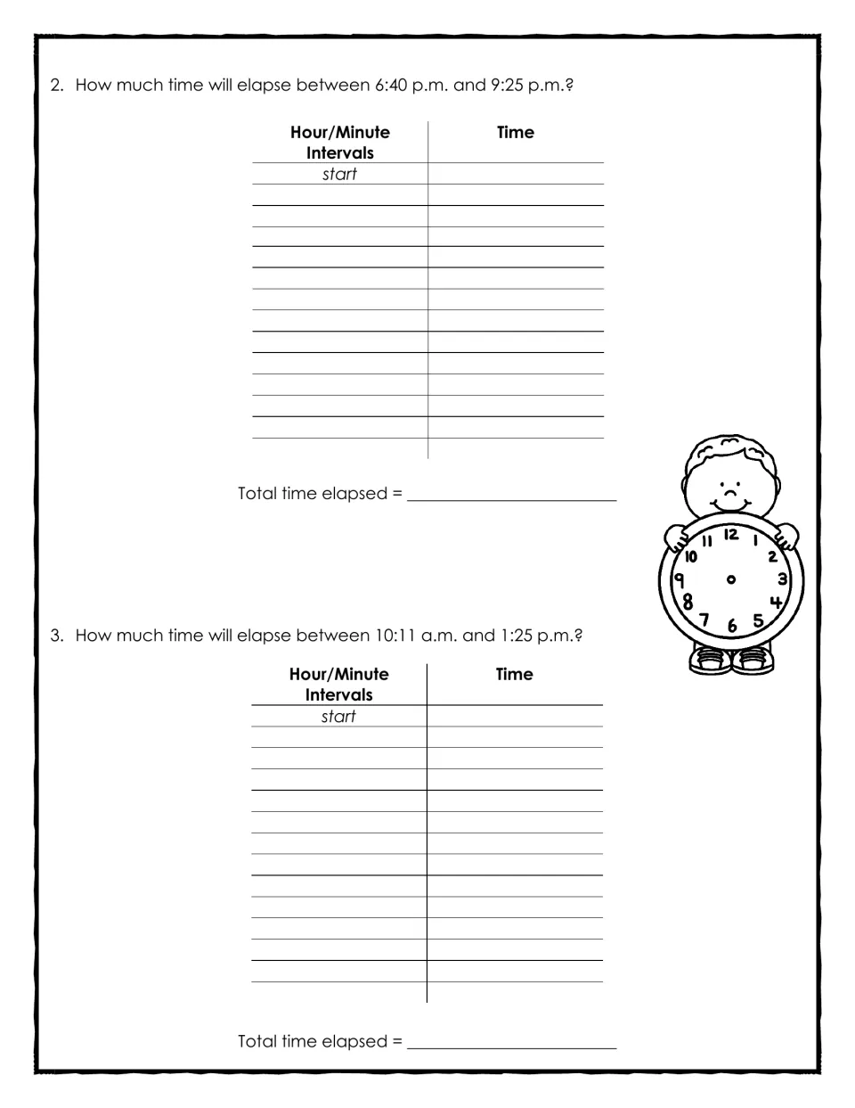 T-chart elapsed-time problems 2 and 3 ask for durations from 6:40 p.m. to 9:25 p.m. and 10:11 a.m. to 1:25 p.m.