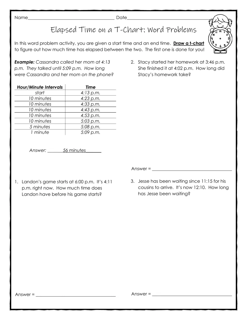 T-chart word problems model a 56-minute phone call, then ask about a game, homework, and waiting for cousins